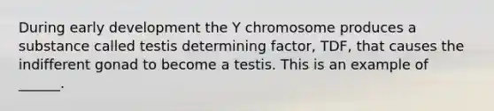 During early development the Y chromosome produces a substance called testis determining factor, TDF, that causes the indifferent gonad to become a testis. This is an example of ______.