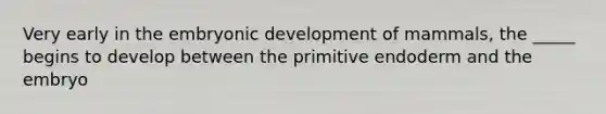 Very early in the embryonic development of mammals, the _____ begins to develop between the primitive endoderm and the embryo