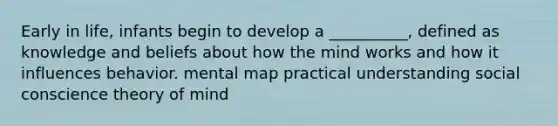 Early in life, infants begin to develop a __________, defined as knowledge and beliefs about how the mind works and how it influences behavior. mental map practical understanding social conscience theory of mind