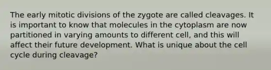 The early mitotic divisions of the zygote are called cleavages. It is important to know that molecules in the cytoplasm are now partitioned in varying amounts to different cell, and this will affect their future development. What is unique about the cell cycle during cleavage?