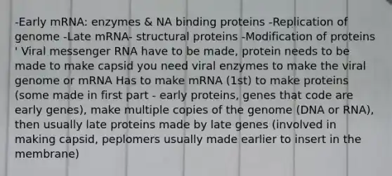 -Early mRNA: enzymes & NA binding proteins -Replication of genome -Late mRNA- structural proteins -Modification of proteins ' Viral <a href='https://www.questionai.com/knowledge/kDttgcz0ig-messenger-rna' class='anchor-knowledge'>messenger rna</a> have to be made, protein needs to be made to make capsid you need viral enzymes to make the viral genome or mRNA Has to make mRNA (1st) to make proteins (some made in first part - early proteins, genes that code are early genes), make multiple copies of the genome (DNA or RNA), then usually late proteins made by late genes (involved in making capsid, peplomers usually made earlier to insert in the membrane)