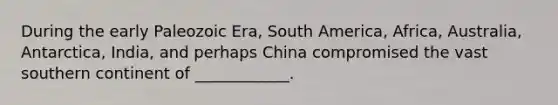 During the early Paleozoic Era, South America, Africa, Australia, Antarctica, India, and perhaps China compromised the vast southern continent of ____________.