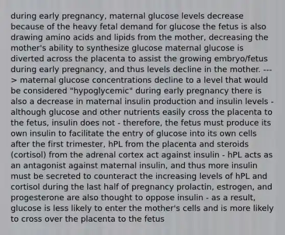 during early pregnancy, maternal glucose levels decrease because of the heavy fetal demand for glucose the fetus is also drawing amino acids and lipids from the mother, decreasing the mother's ability to synthesize glucose maternal glucose is diverted across the placenta to assist the growing embryo/fetus during early pregnancy, and thus levels decline in the mother. ---> maternal glucose concentrations decline to a level that would be considered "hypoglycemic" during early pregnancy there is also a decrease in maternal insulin production and insulin levels - although glucose and other nutrients easily cross the placenta to the fetus, insulin does not - therefore, the fetus must produce its own insulin to facilitate the entry of glucose into its own cells after the first trimester, hPL from the placenta and steroids (cortisol) from the adrenal cortex act against insulin - hPL acts as an antagonist against maternal insulin, and thus more insulin must be secreted to counteract the increasing levels of hPL and cortisol during the last half of pregnancy prolactin, estrogen, and progesterone are also thought to oppose insulin - as a result, glucose is less likely to enter the mother's cells and is more likely to cross over the placenta to the fetus