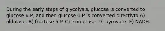 During the early steps of glycolysis, glucose is converted to glucose 6-P, and then glucose 6-P is converted directlyto A) aldolase. B) fructose 6-P. C) isomerase. D) pyruvate. E) NADH.