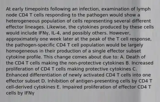 At early timepoints following an infection, examination of lymph node CD4 T cells responding to the pathogen would show a heterogeneous population of cells representing several different effector lineages. Likewise, the cytokines produced by these cells would include IFNγ, IL-4, and possibly others. However, approximately one week later at the peak of the T cell response, the pathogen-specific CD4 T cell population would be largely homogeneous in their production of a single effector subset cytokine profile. This change comes about due to: A. Death of the CD4 T cells making the non-protective cytokines B. Increased proliferation of CD4 T cells making protective cytokines C. Enhanced differentiation of newly activated CD4 T cells into one effector subset D. Inhibition of antigen-presenting cells by CD4 T cell-derived cytokines E. Impaired proliferation of effector CD4 T cells by IFNγ