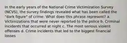 In the early years of the National Crime Victimization Survey (NCVS), the survey findings revealed what has been called the "dark figure" of crime. What does this phrase represent? a. Victimizations that were never reported to the police b. Criminal incidents that occurred at night c. The most serious violent offenses d. Crime incidents that led to the biggest financial losses