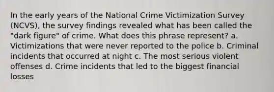 In the early years of the National Crime Victimization Survey (NCVS), the survey findings revealed what has been called the "dark figure" of crime. What does this phrase represent? a. Victimizations that were never reported to the police b. Criminal incidents that occurred at night c. The most serious violent offenses d. Crime incidents that led to the biggest financial losses