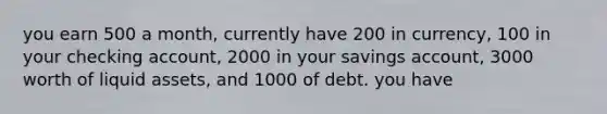 you earn 500 a month, currently have 200 in currency, 100 in your checking account, 2000 in your savings account, 3000 worth of liquid assets, and 1000 of debt. you have