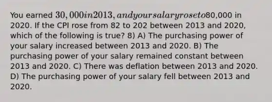 You earned 30,000 in 2013, and your salary rose to80,000 in 2020. If the CPI rose from 82 to 202 between 2013 and 2020, which of the following is true? 8) A) The purchasing power of your salary increased between 2013 and 2020. B) The purchasing power of your salary remained constant between 2013 and 2020. C) There was deflation between 2013 and 2020. D) The purchasing power of your salary fell between 2013 and 2020.