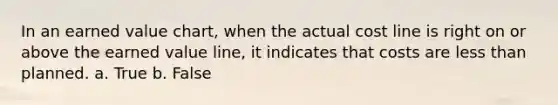 In an earned value chart, when the actual cost line is right on or above the earned value line, it indicates that costs are less than planned. a. True b. False