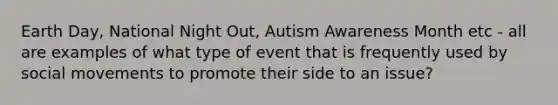 Earth Day, National Night Out, Autism Awareness Month etc - all are examples of what type of event that is frequently used by social movements to promote their side to an issue?