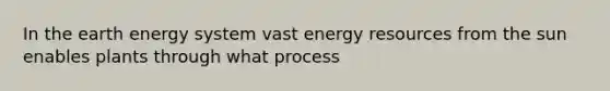 In the earth energy system vast energy resources from the sun enables plants through what process