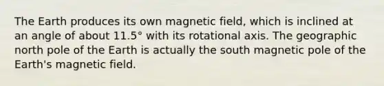 The Earth produces its own magnetic field, which is inclined at an angle of about 11.5° with its rotational axis. The geographic north pole of the Earth is actually the south magnetic pole of the Earth's magnetic field.