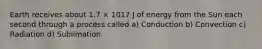 Earth receives about 1.7 × 1017 J of energy from the Sun each second through a process called a) Conduction b) Convection c) Radiation d) Sublimation