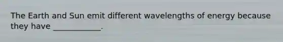 The Earth and Sun emit different wavelengths of energy because they have ____________.