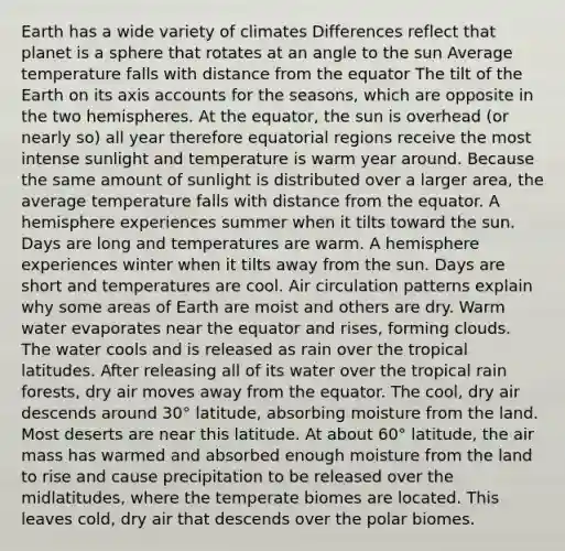 Earth has a wide variety of climates Differences reflect that planet is a sphere that rotates at an angle to the sun Average temperature falls with distance from the equator The tilt of the Earth on its axis accounts for the seasons, which are opposite in the two hemispheres. At the equator, the sun is overhead (or nearly so) all year therefore equatorial regions receive the most intense sunlight and temperature is warm year around. Because the same amount of sunlight is distributed over a larger area, the average temperature falls with distance from the equator. A hemisphere experiences summer when it tilts toward the sun. Days are long and temperatures are warm. A hemisphere experiences winter when it tilts away from the sun. Days are short and temperatures are cool. Air circulation patterns explain why some areas of Earth are moist and others are dry. Warm water evaporates near the equator and rises, forming clouds. The water cools and is released as rain over the tropical latitudes. After releasing all of its water over the tropical rain forests, dry air moves away from the equator. The cool, dry air descends around 30° latitude, absorbing moisture from the land. Most deserts are near this latitude. At about 60° latitude, the air mass has warmed and absorbed enough moisture from the land to rise and cause precipitation to be released over the midlatitudes, where the temperate biomes are located. This leaves cold, dry air that descends over the polar biomes.