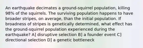 An earthquake decimates a ground-squirrel population, killing 98% of the squirrels. The surviving population happens to have broader stripes, on average, than the initial population. If broadness of stripes is genetically determined, what effect has the ground-squirrel population experienced during the earthquake? A] disruptive selection B] a founder event C] directional selection D] a genetic bottleneck