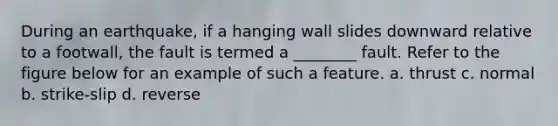 During an earthquake, if a hanging wall slides downward relative to a footwall, the fault is termed a ________ fault. Refer to the figure below for an example of such a feature. a. thrust c. normal b. strike-slip d. reverse