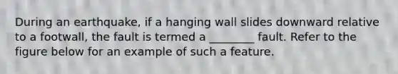 During an earthquake, if a hanging wall slides downward relative to a footwall, the fault is termed a ________ fault. Refer to the figure below for an example of such a feature.