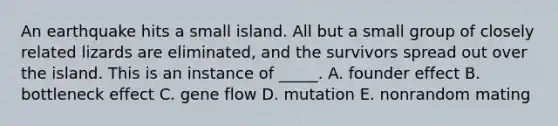 An earthquake hits a small island. All but a small group of closely related lizards are eliminated, and the survivors spread out over the island. This is an instance of _____. A. founder effect B. bottleneck effect C. gene flow D. mutation E. nonrandom mating