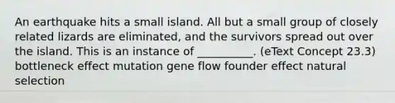 An earthquake hits a small island. All but a small group of closely related lizards are eliminated, and the survivors spread out over the island. This is an instance of __________. (eText Concept 23.3) bottleneck effect mutation gene flow founder effect natural selection