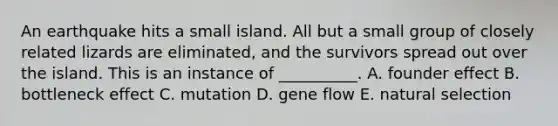 An earthquake hits a small island. All but a small group of closely related lizards are eliminated, and the survivors spread out over the island. This is an instance of __________. A. founder effect B. bottleneck effect C. mutation D. gene flow E. natural selection