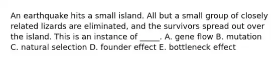 An earthquake hits a small island. All but a small group of closely related lizards are eliminated, and the survivors spread out over the island. This is an instance of _____. A. gene flow B. mutation C. natural selection D. founder effect E. bottleneck effect