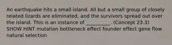 An earthquake hits a small island. All but a small group of closely related lizards are eliminated, and the survivors spread out over the island. This is an instance of __________. (Concept 23.3) SHOW HINT mutation bottleneck effect founder effect gene flow natural selection