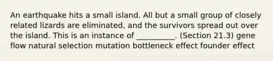 An earthquake hits a small island. All but a small group of closely related lizards are eliminated, and the survivors spread out over the island. This is an instance of __________. (Section 21.3) gene flow natural selection mutation bottleneck effect founder effect