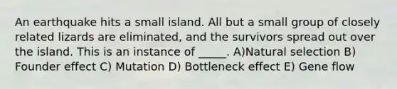 An earthquake hits a small island. All but a small group of closely related lizards are eliminated, and the survivors spread out over the island. This is an instance of _____. A)Natural selection B) Founder effect C) Mutation D) Bottleneck effect E) Gene flow