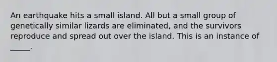 An earthquake hits a small island. All but a small group of genetically similar lizards are eliminated, and the survivors reproduce and spread out over the island. This is an instance of _____.