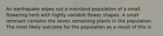 An earthquake wipes out a mainland population of a small flowering herb with highly variable flower shapes. A small remnant contains the seven remaining plants in the population. The most likely outcome for the population as a result of this is