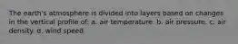 The earth's atmosphere is divided into layers based on changes in the vertical profile of: a. air temperature. b. air pressure. c. air density. d. wind speed.