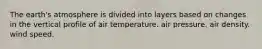 The earth's atmosphere is divided into layers based on changes in the vertical profile of air temperature. air pressure. air density. wind speed.