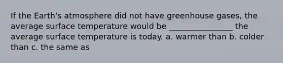 If the Earth's atmosphere did not have greenhouse gases, the average surface temperature would be ________________ the average surface temperature is today. a. warmer than b. colder than c. the same as