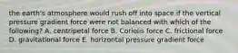 the earth's atmosphere would rush off into space if the vertical pressure gradient force were not balanced with which of the following? A. centripetal force B. Coriolis force C. frictional force D. gravitational force E. horizontal pressure gradient force