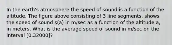 In the earth's atmosphere the speed of sound is a function of the altitude. The figure above consisting of 3 line segments, shows the speed of sound s(a) in m/sec as a function of the altitude a, in meters. What is the average speed of sound in m/sec on the interval [0,32000]?