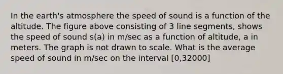 In the earth's atmosphere the speed of sound is a function of the altitude. The figure above consisting of 3 line segments, shows the speed of sound s(a) in m/sec as a function of altitude, a in meters. The graph is not drawn to scale. What is the average speed of sound in m/sec on the interval [0,32000]