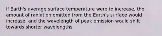 If Earth's average <a href='https://www.questionai.com/knowledge/kkV3ggZUFU-surface-temperature' class='anchor-knowledge'>surface temperature</a> were to increase, the amount of radiation emitted from the Earth's surface would increase, and the wavelength of peak emission would shift towards shorter wavelengths.