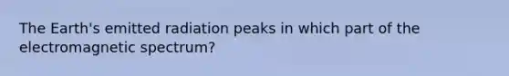 The Earth's emitted radiation peaks in which part of the electromagnetic spectrum?