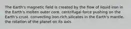 The Earth's magnetic field is created by the flow of liquid iron in the Earth's molten outer core. centrifugal force pushing on the Earth's crust. convecting iron-rich silicates in the Earth's mantle. the rotation of the planet on its axis