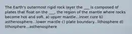 The Earth's outermost rigid rock layer the ___ is composed of plates that float on the ___, the region of the mantle where rocks become hot and soft. a) upper mantle...inner core b) asthenosphere...lower mantle c) plate boundary...lithosphere d) lithosphere...asthenosphere