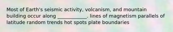 Most of Earth's seismic activity, volcanism, and mountain building occur along ____________. lines of magnetism parallels of latitude random trends hot spots plate boundaries