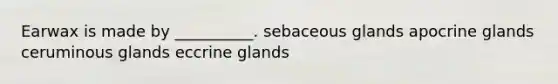 Earwax is made by __________. sebaceous glands apocrine glands ceruminous glands eccrine glands