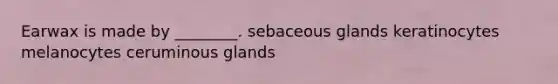 Earwax is made by ________. sebaceous glands keratinocytes melanocytes ceruminous glands