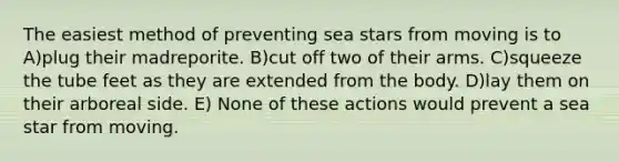 The easiest method of preventing sea stars from moving is to A)plug their madreporite. B)cut off two of their arms. C)squeeze the tube feet as they are extended from the body. D)lay them on their arboreal side. E) None of these actions would prevent a sea star from moving.