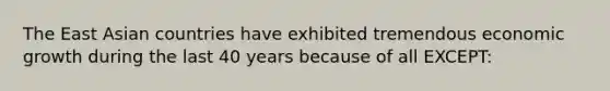 The East Asian countries have exhibited tremendous economic growth during the last 40 years because of all EXCEPT: