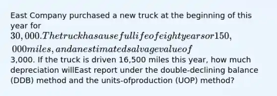 East Company purchased a new truck at the beginning of this year for 30,000. Thetruck has a useful life of eight years or 150,000 miles, and an estimated salvage valueof3,000. If the truck is driven 16,500 miles this year, how much depreciation willEast report under the double-declining balance (DDB) method and the units-ofproduction (UOP) method?