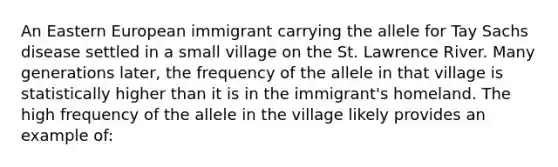 An Eastern European immigrant carrying the allele for Tay Sachs disease settled in a small village on the St. Lawrence River. Many generations later, the frequency of the allele in that village is statistically higher than it is in the immigrant's homeland. The high frequency of the allele in the village likely provides an example of: