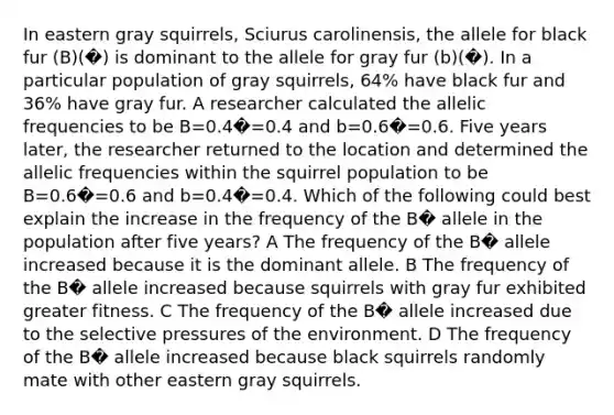 In eastern gray squirrels, Sciurus carolinensis, the allele for black fur (B)(�) is dominant to the allele for gray fur (b)(�). In a particular population of gray squirrels, 64% have black fur and 36% have gray fur. A researcher calculated the allelic frequencies to be B=0.4�=0.4 and b=0.6�=0.6. Five years later, the researcher returned to the location and determined the allelic frequencies within the squirrel population to be B=0.6�=0.6 and b=0.4�=0.4. Which of the following could best explain the increase in the frequency of the B� allele in the population after five years? A The frequency of the B� allele increased because it is the dominant allele. B The frequency of the B� allele increased because squirrels with gray fur exhibited greater fitness. C The frequency of the B� allele increased due to the selective pressures of the environment. D The frequency of the B� allele increased because black squirrels randomly mate with other eastern gray squirrels.